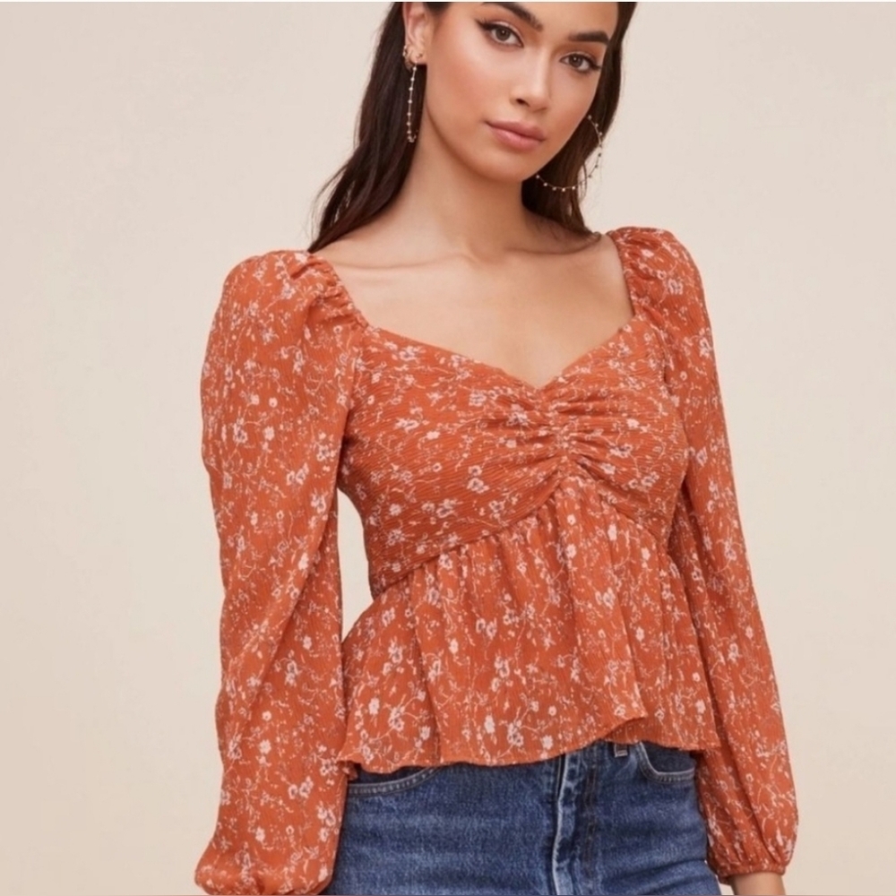 NWT ASTR The Label Rust Multi Floral Puff Sleeve Boho Sweetheart Top XS